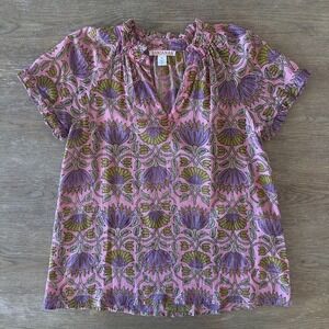 BANJANAN Banjanan Pink Lotus Top-Short Sleeve Cotton Floaty Top-Pink Floral-Sz M